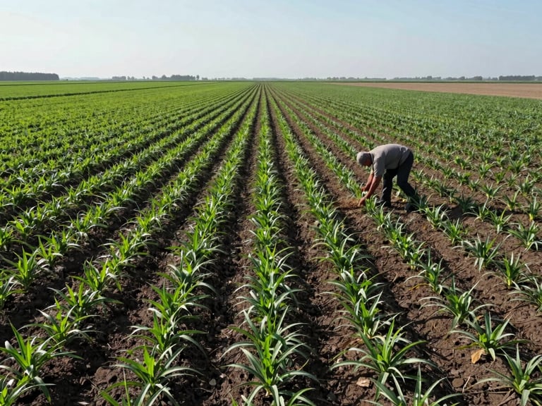 Overhead wide shot of rural farmland at harvest — rows of green crops growing from dark composted soil, a farmer stooped at work in the mid-ground, flat agricultural landscape stretching to a hazy horizon under bright midday sun