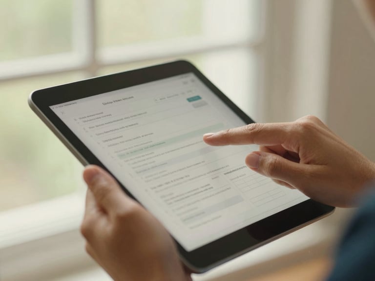 Close-up of hands holding a tablet, finger tapping on a digital form with Vietnamese text fields, natural window light, warm tones, professional.