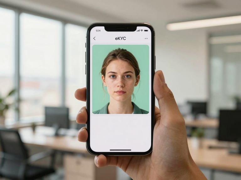 Smartphone screen showing eKYC facial recognition scan, blurred background of a modern office, natural window light, professional.