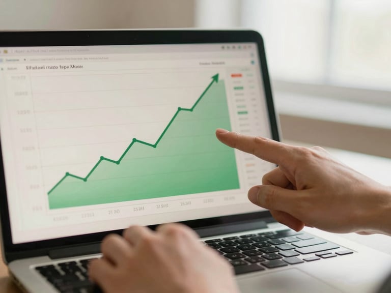Close-up of hands pointing at a laptop screen displaying an upward trending ETF growth chart with green and cream tones, shallow depth of field, professional.