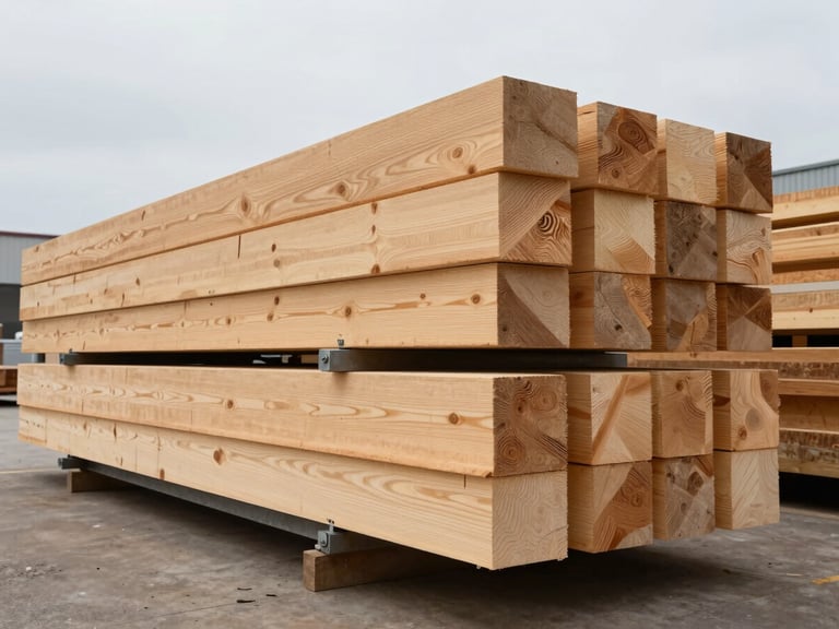 Industrial commercial photography of stacked heavy timber beams in a warehouse, sharp focus on raw wood grain, natural overcast daylight, 35mm