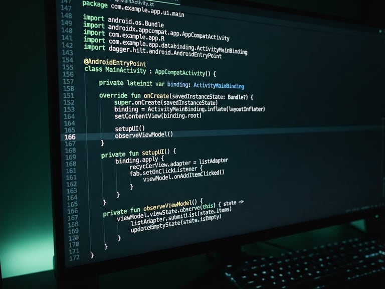 Close-up of a high-end monitor displaying clean, structured code for an Android application, with subtle neon green terminal glow, sharp macro focus, dark moody technology photography, 35mm