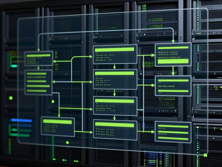 Architectural system diagram on a transparent screen overlaying abstract server hardware, lines connecting different modules, deep slate and neon green accents, high contrast