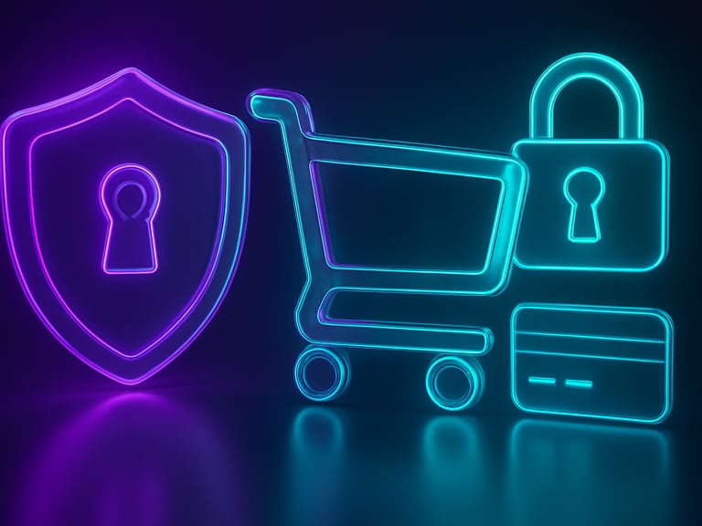 Abstract 3D render of a secure online payment gateway, glowing neon purple and cyan security icons, glassmorphic shopping cart, sharp focus, 8k