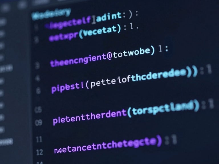 Macro close-up of code editor on a dark screen, showing clean WordPress PHP functions, glowing purple syntax highlighting, glassmorphic console, sharp focus, 8k