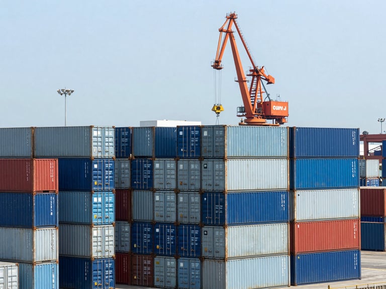 Wide angle environmental shot of an active industrial port in Bangladesh, steel shipping containers stacked neatly, bright daylight, cool blue tones with a safety-orange crane in the background.