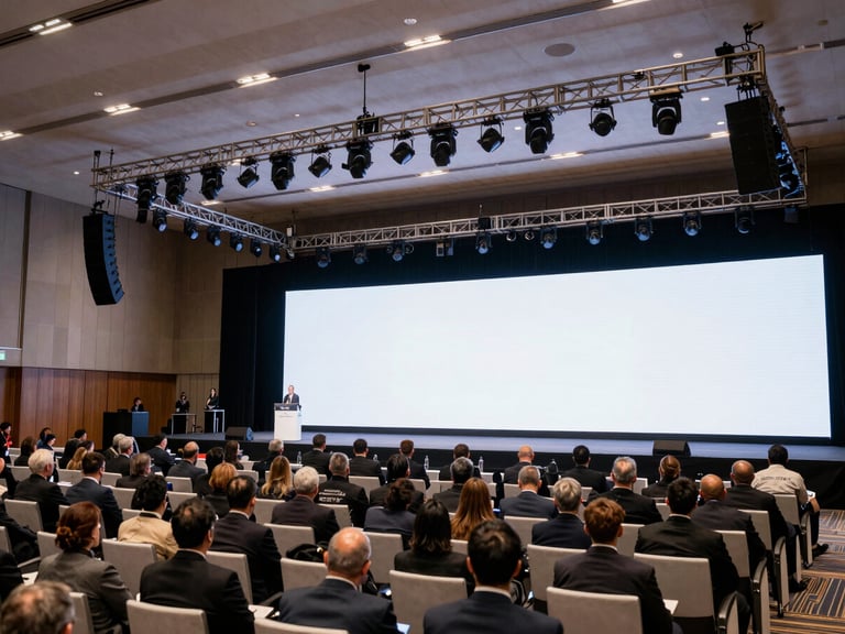 Wide environmental shot of a large corporate summit main hall, technical lighting rig above a large LED backdrop stage, rows of delegate seating filled with attendees, practical overhead lighting, no branding text visible