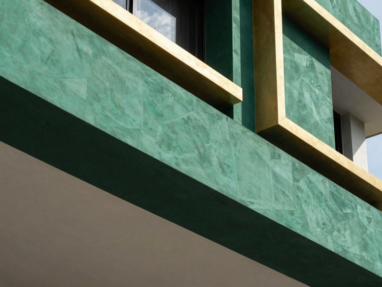 Architectural detail of a high-end modern Brazilian home, geometric patterns, sharp natural light creating crisp shadows, editorial real estate photography, deep emerald and gold accents, 35mm
