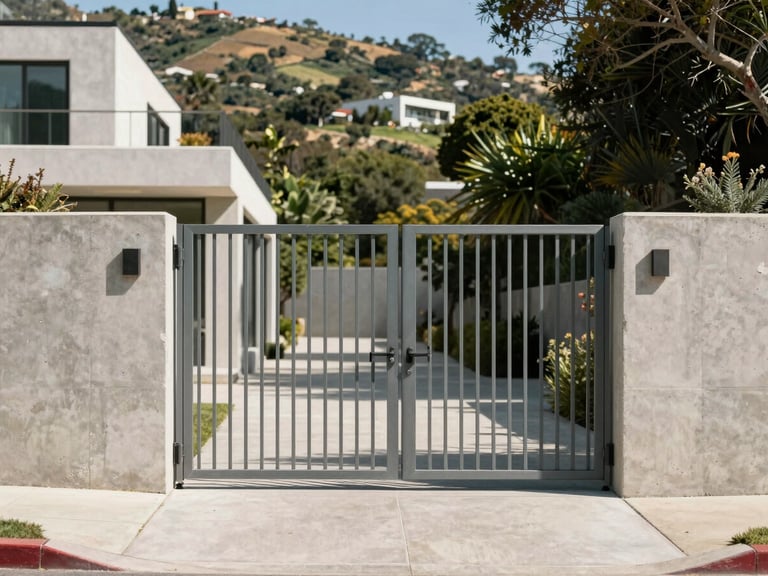 Straight-on architectural elevation of a clean steel gate integrated into a modern concrete hillside estate in Los Feliz, bright California daylight casting sharp shadows.