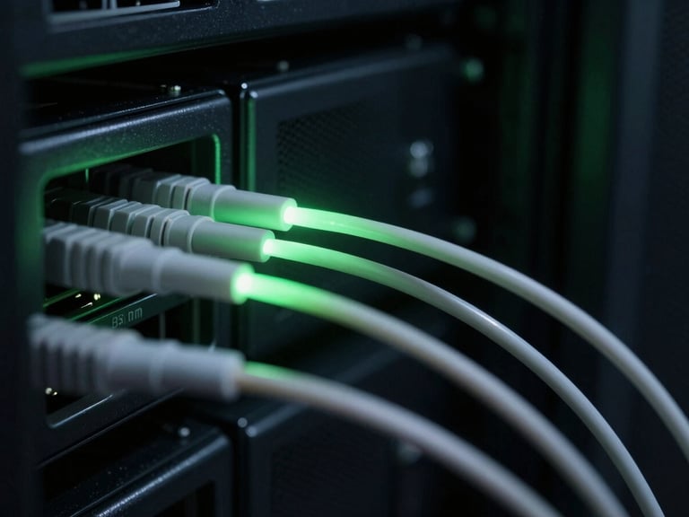 Macro shot of fiber optic cables glowing with soft green light in a dark server rack, technical minimalism, 35mm