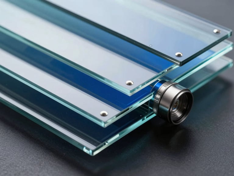 Layered glass interfaces showing clean data visualizations with deep blue highlights and metallic silver accents.