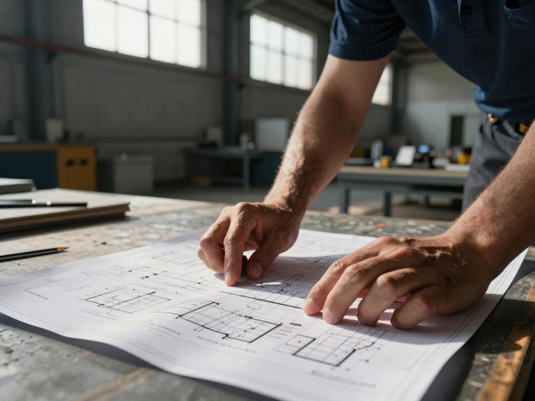 Close-up of hands reviewing technical blueprints on-site, high-contrast natural factory light, deep slate and amber tones, wide-angle lens, 35mm