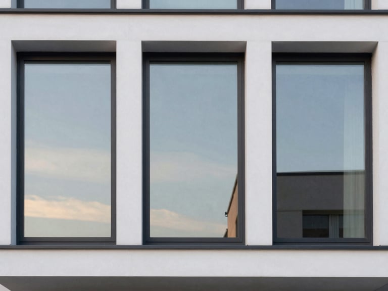 Architectural elevation of a modern house facade with large, clean triple-glazed windows reflecting soft evening sky, straight-on framing, 35mm lens.