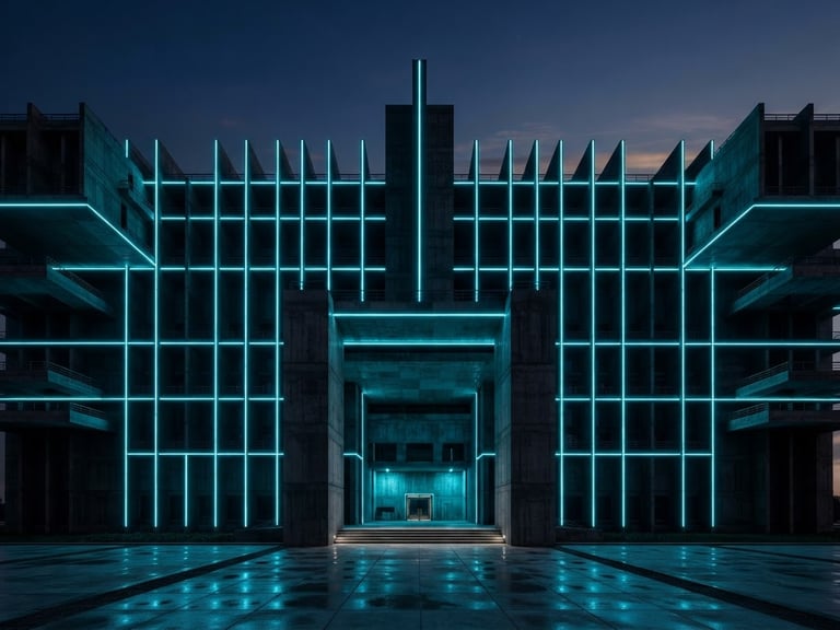 Wide-angle architectural symmetry of a brutalist concrete data center facade in Hyderabad at twilight, glowing neon cyan LED lines tracing the structure, deep obsidian shadows, cinematic low-key lighting.