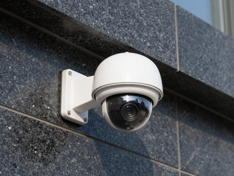 Close-up of a sleek white dome CCTV camera neatly mounted on a dark basalt stone wall, sharp architectural lines, bright daylight, metallic reflections.