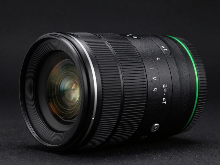 Sleek tech photography, high-contrast studio key light, macro shot of a premium camera lens with subtle green rim lighting, clean dark background