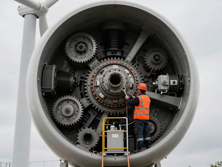 Close-up inside a wind turbine nacelle, complex gears and machinery visible, a technician with a wrench performing maintenance, industrial documentary photography, high-contrast desaturated tones with safety orange accents.