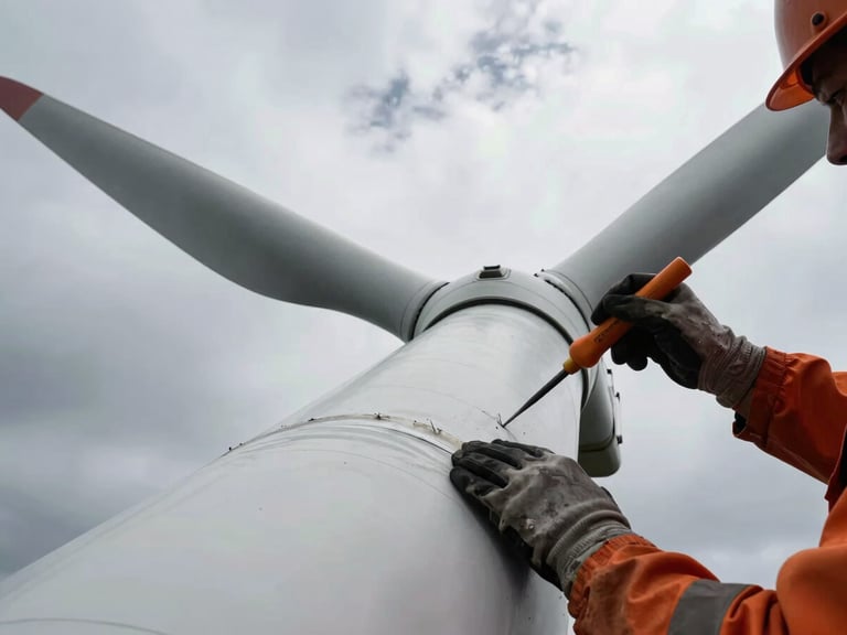 Close-up of a wind turbine blade undergoing composite repair, a technician's gloved hands meticulously working on the surface, specialized tools visible, dramatic overcast daylight, high-contrast desaturated tones.