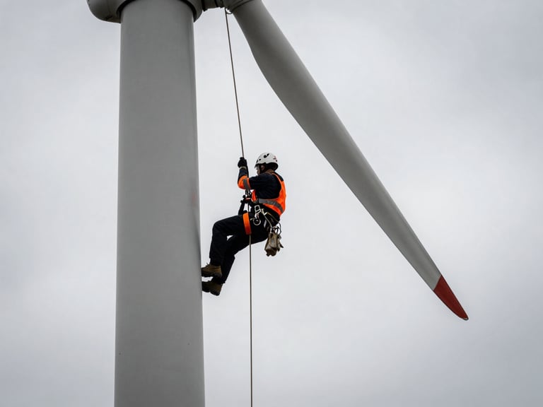 Technician in full safety gear, rope-access certified, rappelling down a wind turbine tower, dramatic low-angle shot against an overcast sky, high-contrast desaturated tones with safety orange accents.