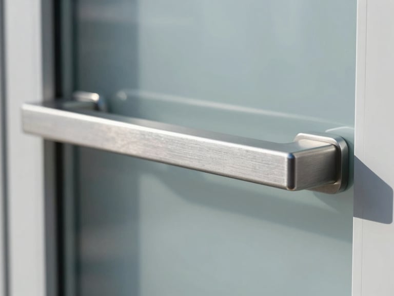Close-up of a sleek, minimalist brushed steel door pull handle on a frameless glass door, cool crisp daylight, sharp industrial edge.