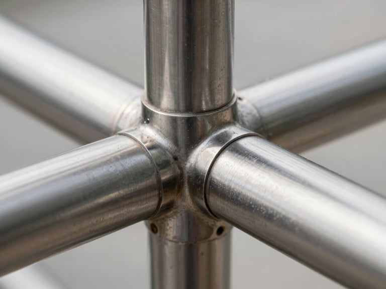 Macro close-up of a brushed stainless steel handrail connector, showing the fine grain of the steel and precise hex bolts, high-contrast studio lighting