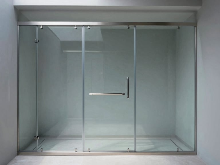 Wide-angle shot of a minimalist frameless glass shower enclosure featuring solid steel sliding rails and heavy-duty rollers, stark architectural lighting.