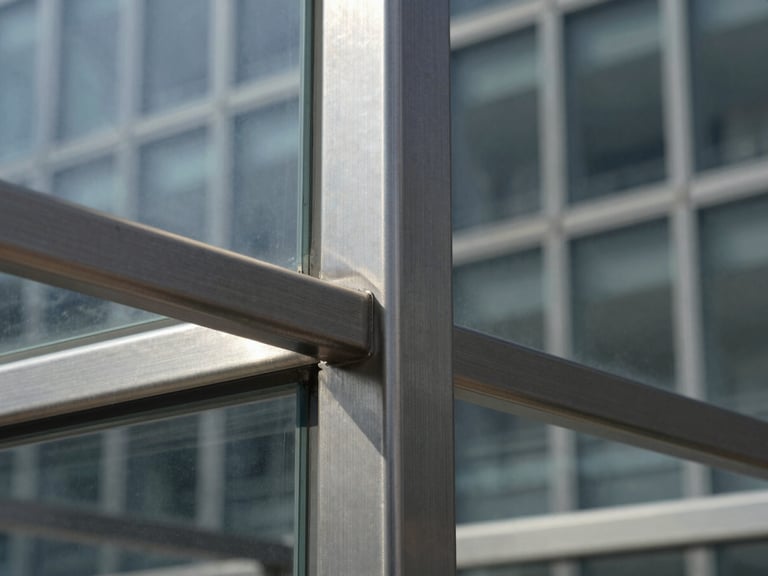 Macro shot of stainless steel glass-to-glass corner connectors, sharp technical grid lines visible in the architectural background, high-contrast lighting.
