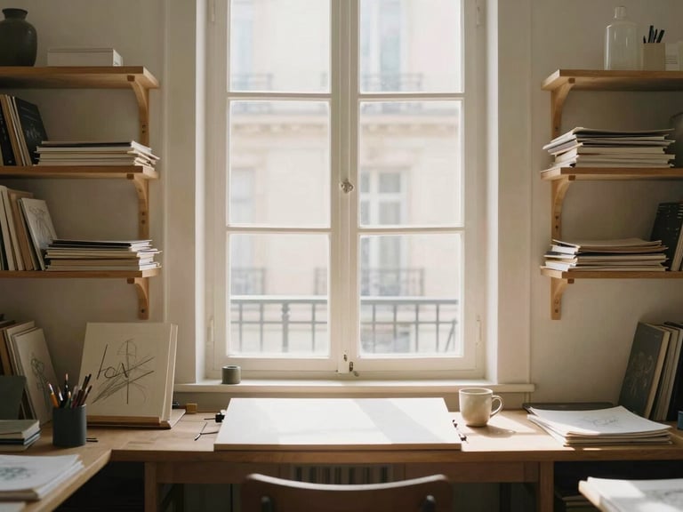 A serene artist studio in Paris, soft sunlight streaming through a tall window, wooden shelves filled with sketchbooks, a single ceramic mug on a drawing desk, warm minimalist aesthetic.