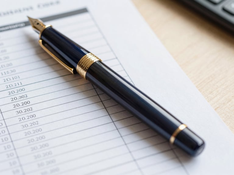 A close-up of a high-end fountain pen resting on structured financial amortization documents, soft natural daylight, warm gold accents, editorial corporate style, 35mm