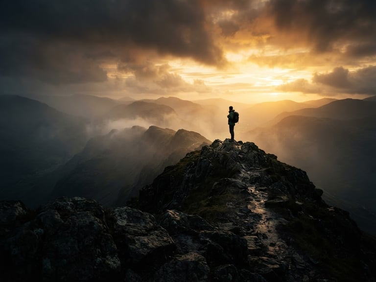 Extreme wide anamorphic film still, low-key dramatic golden hour light hitting a solitary figure on a misty ridge, high contrast shadows, rich 35mm grain.