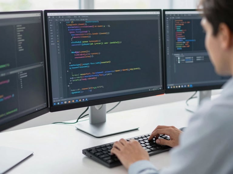 Close-up of a developer analyzing clean structured code on a dual monitor setup, bright natural daylight, cool tones, sharp focus, shallow depth of field, 35mm