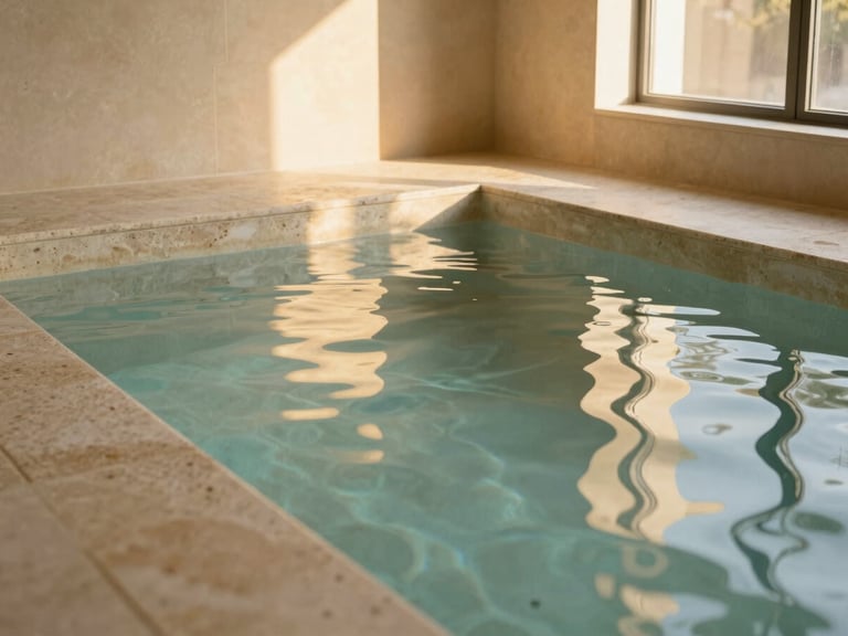 A quiet heated indoor swimming pool lined with hand-carved cream travertine stone, soft golden hour sunlight reflecting on the water, editorial photography