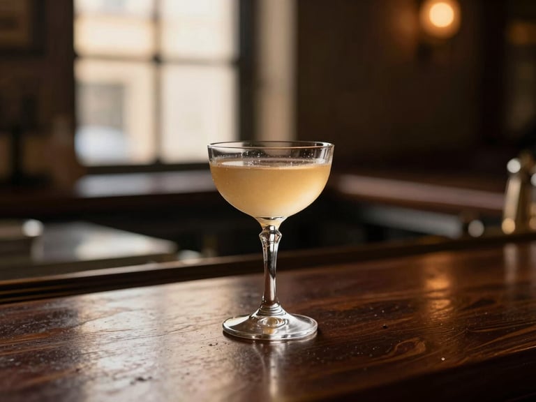 Low-lit dark wood bar counter with a single crystal glass containing a golden cocktail, soft ambient evening glow, rich cream and espresso tones, shallow depth of field, 35mm.