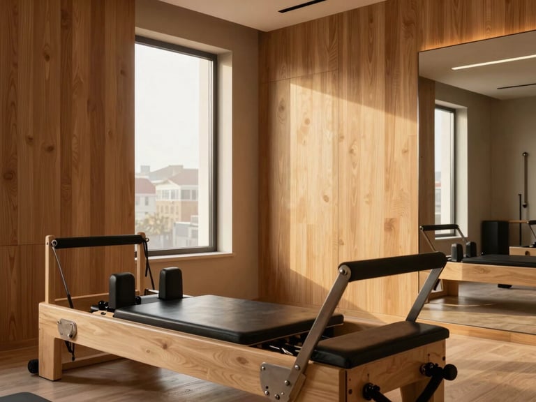 A modern minimalist fitness studio with polished oak wood paneling, warm golden hour window light, high-end leather and wood training equipment, calm atmosphere