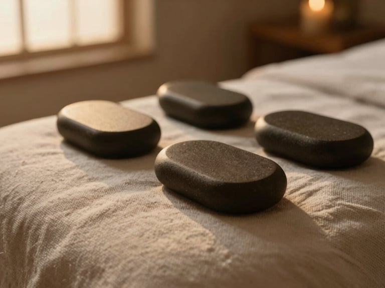 Tactile close-up of warm massage stones on textured linen, soft ambient evening glow, shallow depth of field, 35mm editorial photography