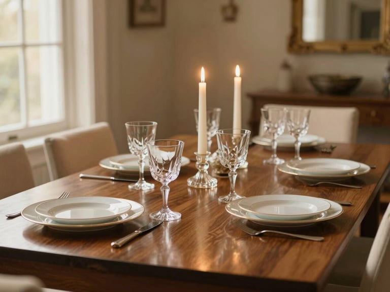 A long polished mahogany dining table set with fine porcelain, crystal glassware, and tall candles, soft evening ambient light, rich cream and espresso tones, shallow depth of field, 35mm.
