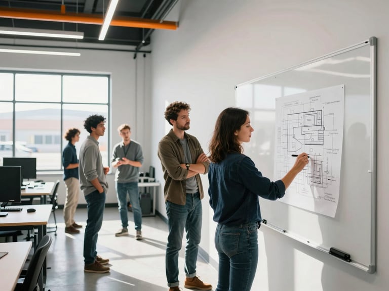 Wide environmental shot of a modern clean industrial workspace in Draper, Utah, founders collaborating over a whiteboard with blueprint schematics, natural sunlight, 35mm