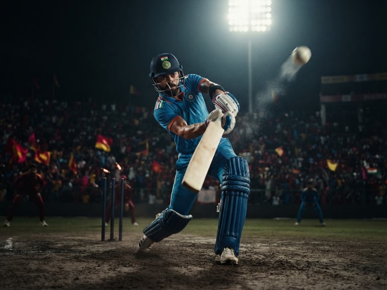 Dynamic low-angle action shot of an Indian cricket batsman hitting a ball under intense stadium floodlights, dark cinematic atmosphere, red neon glow, 35mm