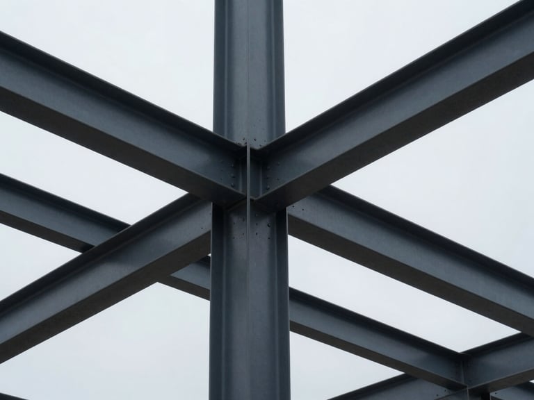 Extreme close-up of a high-end architectural steel structure, sharp geometric lines, cool overcast daylight, deep charcoal tones, sharp focus, 35mm