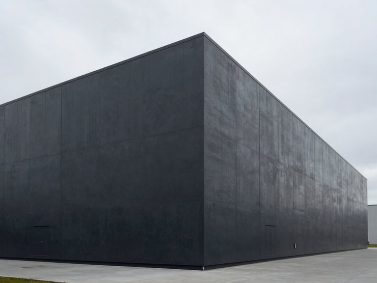 Minimalist architectural photography of a modern automated logistics warehouse exterior, stark concrete lines, overcast sky, 35mm