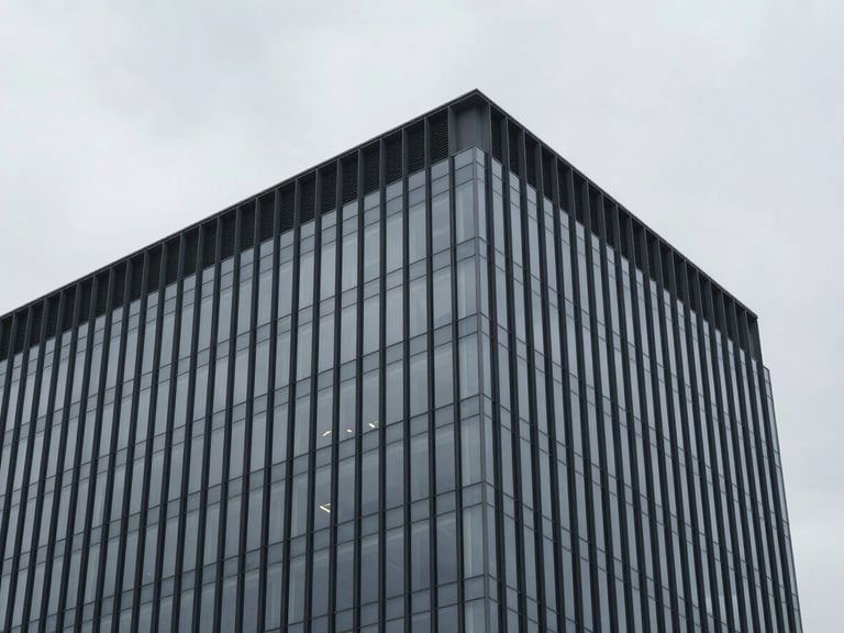 Stark overcast daylight illuminating the clean glass facade of a modern corporate headquarters, architectural angles, minimalist composition, 35mm