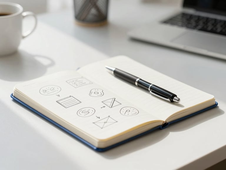 Bright minimalist workspace flooded with natural morning daylight, a clean notebook with hand-written strategy sketches, a single pen, shallow depth of field, 50mm lens.