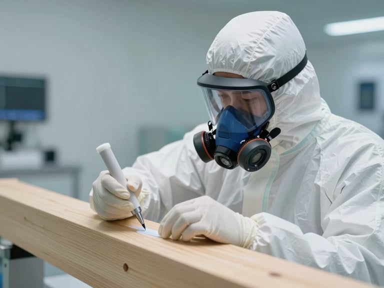 A professional technician in white protective gear and respirator applying a precise chemical barrier to a wooden beam, clinical lighting, sterile environment