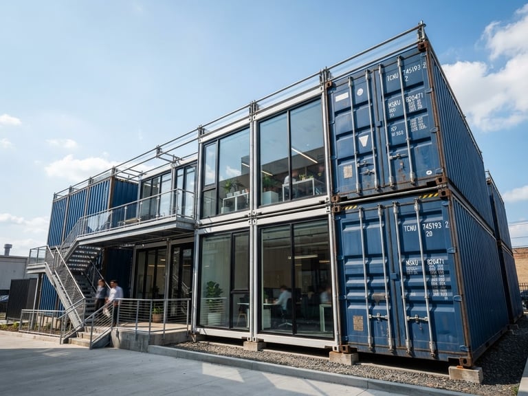 Low-angle architectural shot of a modern two-story modular office building constructed from shipping containers, clean steel joints, bright daylight, high-contrast textures