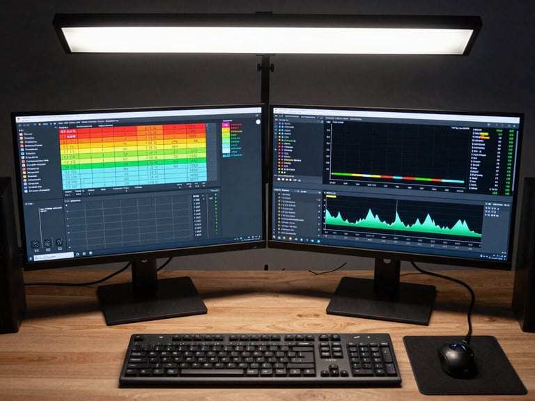 Wide overhead shot of a dual-monitor research workstation showing colorful real-time data dashboards with emotion-coded overlays and live consumer response graphs, studio lighting from above for screen clarity, no people visible