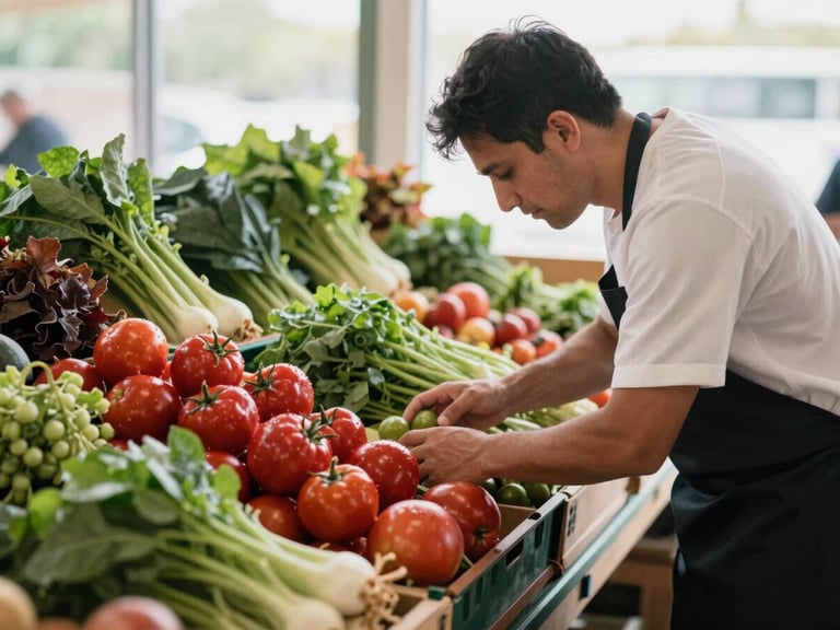 Overhead shot of a vibrant farmer's market stall with fresh produce, a chef inspecting ingredients, soft natural window light, rich crimson and forest green tones, shallow depth of field