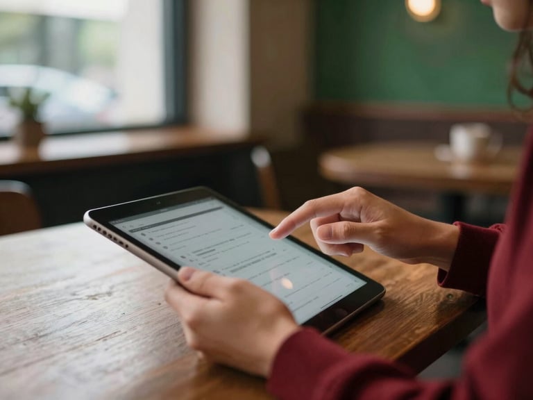 Hands managing social media on a tablet, with a cozy cafe interior in the background, soft natural window light, rich crimson and forest green tones, shallow depth of field