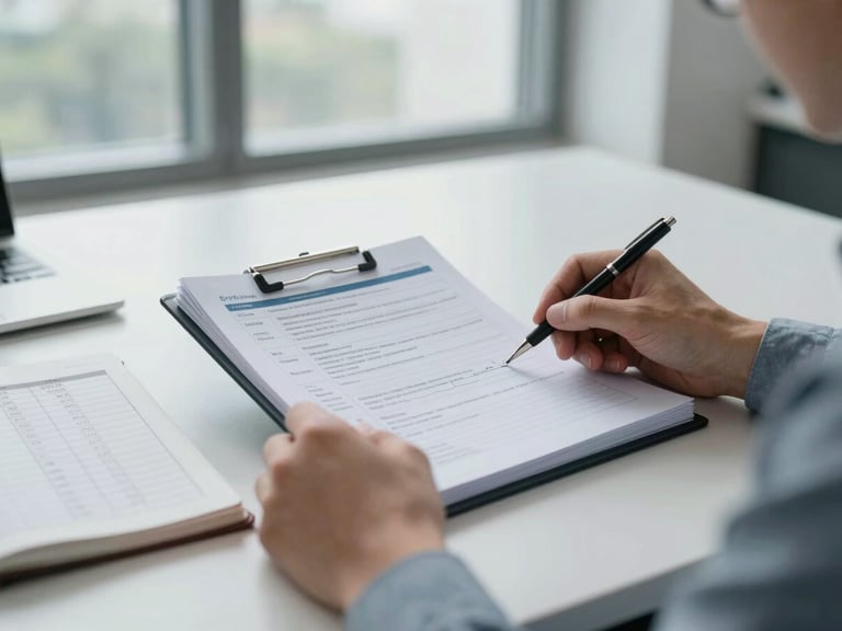 Close framing of a consultant's hands turning the page of a printed financial report on a wide desk, a second open notebook beside it with structured notes, diffused natural daylight from a large office window, no people's faces visible, focus on the act of review