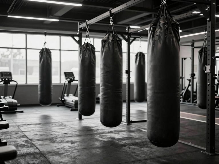 Interior of a high-tech military gym with heavy punching bags and strength training equipment, moody lighting, crisp focus