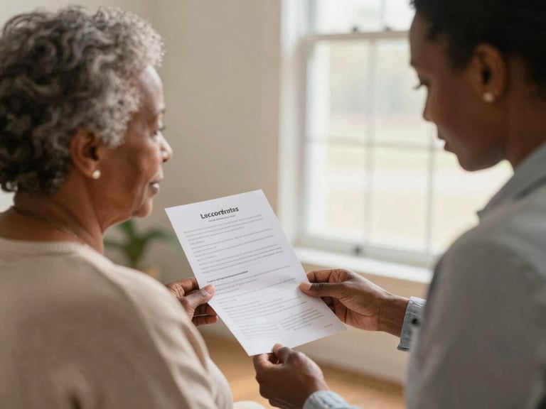 Elderly African American woman reviewing a simple brochure with a kind, professional African American advocate, warm natural light, shallow depth of field